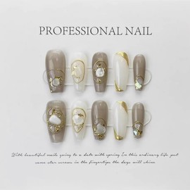 GIGIBO Nails #542 Nail Tips, Handmade, 10 Pieces, 3D Long, Medium Shell, Pearl, Glitter, Pink, Popular, Stylish, Cute Design, False Nails
