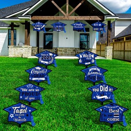 Chunful 12 Pack Graduation Yard Signs Grad Decoration 2025 Happy Graduate Lawn Garden Sign with Stake Congrats Outdoor Plastic Cap Hanging Ornament for Class Pathway Walkway Porch Party(Blue)
