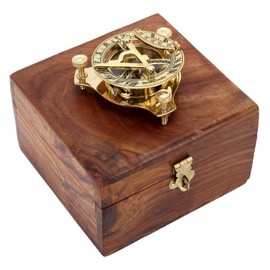 Zap Impex brass sundial, compass Nostalgic brass clock in wooden box Wooden gift box, compass 3 inch with rosewood box (5 inch)