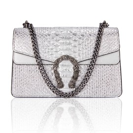 Aiqudou Luxury Crossbody and Satchel Bag for Women - Trendy Chain Purse Leather Print Shoulder Bag Evening Square bag(Silver)