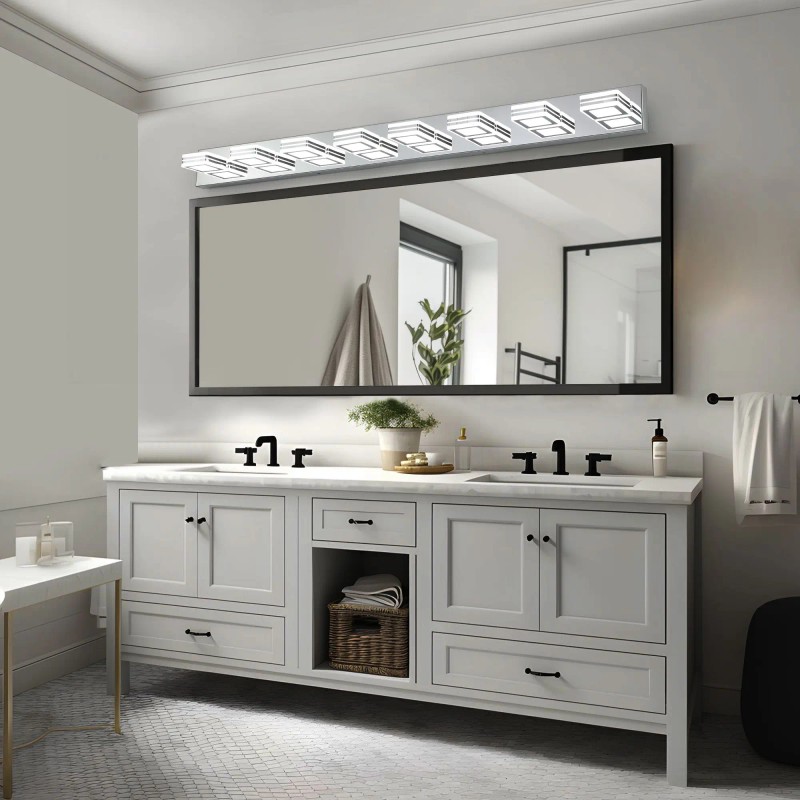 52\" Modern Chrome 8-Light LED Vanity Light Square Acrylic Lampshades
