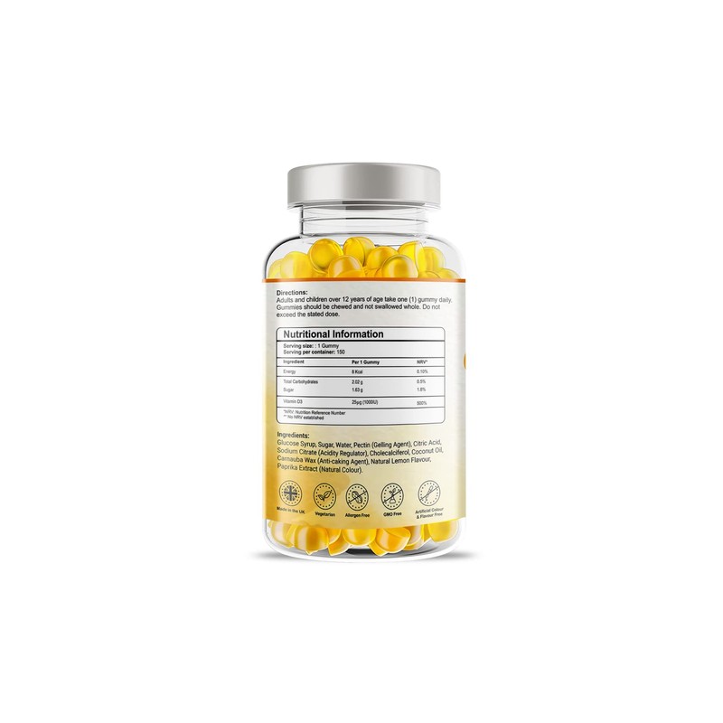 Vitamin D3 1000iu Gummies - 150 Natural Lemon Flavour Gummies