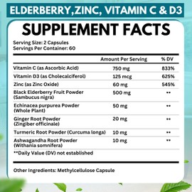 Elderberry Immune Support Supplement 8-in-1 Formula with Echinacea, Vitamin C & Zinc, Vitamin D 5000 IU, Turmeric, Ginger, Ashwagandha – 120 Capsules