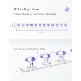 Acrylic Necklaces Holder Wall Mounted Necklace Hangers Hanging Jewelry Organizer with 12 Hooks, Clear Jewelry Hangers for Necklace Organizer for Girls Women, Necklace Hooks for Wall (Purple, 2 Pack)