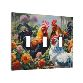 CZRPKEN Farmhouse Chicken Colorful Botanical Flowers 3 Gang Light Switch Covers Rustic Rooster Triple Toggle Wall Plate Decorative Switchplate Electrical Faceplate Farm Barn Decor
