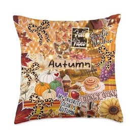 Retro Preppy Pumpkin Autumn Fall Collage for Women and Girls Throw Pillow