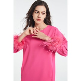 D-Sun Women Feather Dress Round Neck Casual 3/4 Feather Sleeves Party Dress Elegant Wedding Guest Cocktail Mini Dresses Rose Red