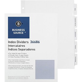 Business Source Punched Laser Index Dividers - Set of 5 Tabs - White (36686)