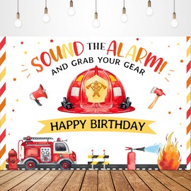 Glawry Firetruck Happy Birthday Backdrop 7Wx5H Feet Red Yellow Sound The Alarm Fire Hat Firemen Cute Kids Boys Firefighter Birthday Party Decorations Photography Background Photo Booth Studio