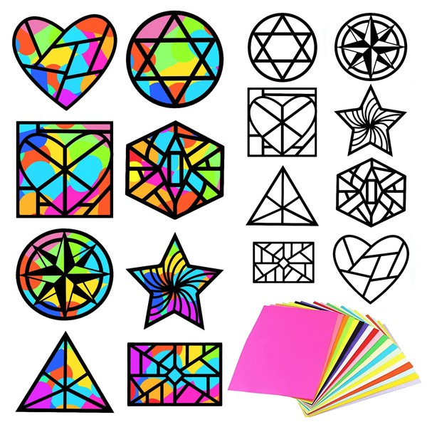 PLIGREAT 16 Pcs Geometric Shapes Templates Stained Glass Effect Paper Sets, DIY Suncatchers Crafts Kit for Daycare Nursery Shcool Project Artwork Class Supplies Children's Party Favors Window Decor