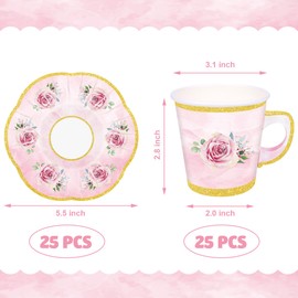 50 Pcs Paper Tea Cups and Plates Pink Floral Paper Teacups and Saucer Sets Disposable Tea Party Decorations with Gold Rim for Hot and Cold Drinks for Wedding Birthday Baby Shower Tea Party, Serve 25