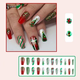 24 Pcs Winter Press on Nails Christmas Fake Nails Xmas Tree Acrylic Nails with Glitter Sequin Design Glossy Christmas Glue on Nails Medium Reusable Stick on Nails for Women DIY New Year Nail Art