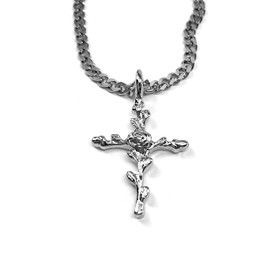 FORGIVEN JEWELRY Cross Rose of Sharon Shiny Silver Rhodium Metal Finish Pendant on Stainless Steel Chain