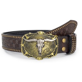 INOGIH Mens and Women Western Cowboy Belt,Vintage Longhorn-Bull-Head Western-Cowgirl-Embossed-Country Belt