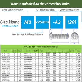 AMLOOPH M8 Bolts, M8 X 25mm Hex Socket Button Head Machine Bolts/Screws -Fully Threaded A2 304 Stainless Steel Hex Socket Screws M8 (Pack Of 20)