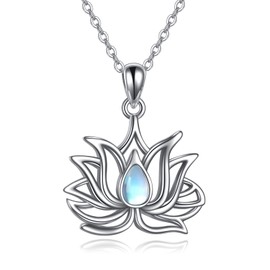 Lotus Flower Necklace for Women Sterling Silver Moonstone Lotus Flower Pendant Jewelry Gifts (Lotus)