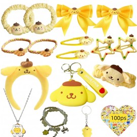 WINBBY 117Pcs Kawaii Stuff Gifts Set Include Headband,Pouch, Hair Band, Hair Ties & Clips, Hairpin, Stickers, Necklace,Bracelet, Keychain(Yellow)