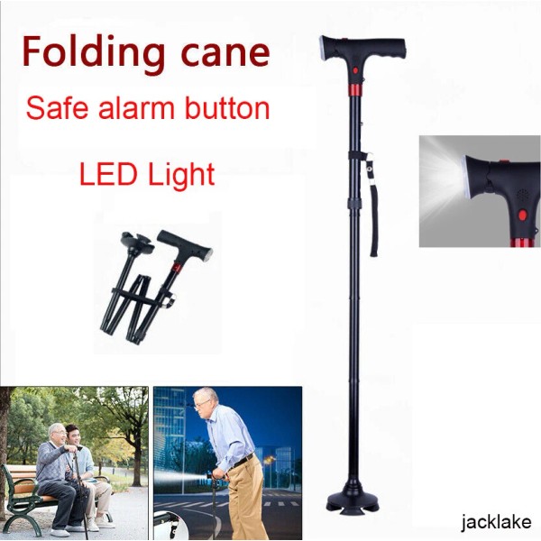 Unbranded Elder Folding Walking Stick Walking Cane Height Adjustable LED