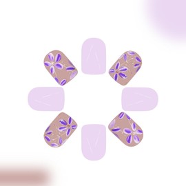 24Pcs Purple Press on Nails Cute Flower Design Fake Nails Spring Press on Nails Short Square Acrylic Nails Glitter Press on Nails Stick on Nails for Women and Girls Spring Summer Nail Art Decor