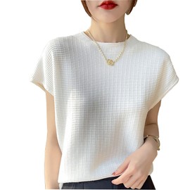 zuevichn Women's Summer Knit Top, Sweater, Short Sleeve, Knitwear, Plain, Spring and Summer, white