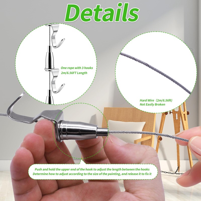 8PCS Adjustable Picture Hanging Wire Kit(6.56FT, 3 Hooks) Picture Rail