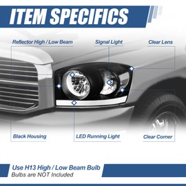 Auto Dynasty LED DRL Headlights Assembly Compatible with Dodge Ram 1500 2500 3500 2006 2007 2008 2009, Driver and Passenger Side, Black Housing Clear Lens