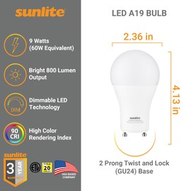 Sunlite A19 GU24 Dimmable Light Bulb, 9 Watts (60WEquivalent) 800 Lumens, 2 Prong LED Twist and Lock Base, 90 CRI, ETL Rated for Enclosed Fixtures, 3000K Warm White, 1 Pack