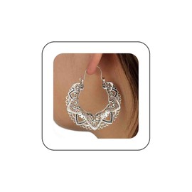 Vacaonio Vinage Hollow Filigree Hoop Earrings Silver Filigree Flowewr Dangle Earrings Large Tribal Flower Earrings Ethnic Mandala Flower Drop Earrings Jewelry for Women