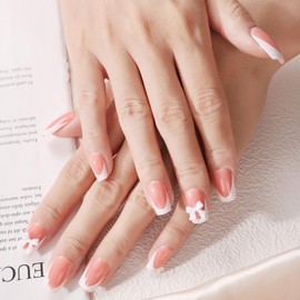 Eoopoon 24Pcs Pink French Tip Press On Nails – Short Square Glossy Nude Fake Nails, Full Cover Stick On Nail Set for Women, 3D Resin Bow Charm Designs for Women Girls DIY Manicure(white bow)