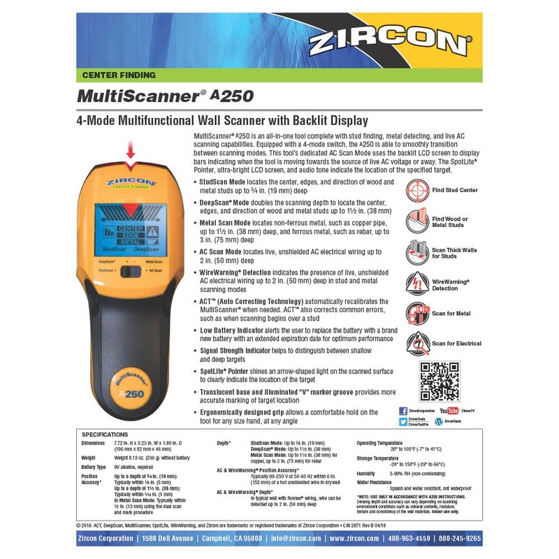 Zircon MultiScanner A250 All-In-One Stud Finder/Metal Detector/Live AC Wire Detection