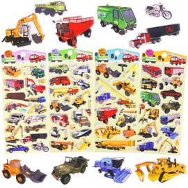 3D Puffy Vehicle Stickers for Kids Toddlers, 4 Sheets Reusable Foam Car and Truck Stickers for Boys, Cute Bubble Stickers with Construction Vehicles Tractors Fire Truck for Potty Training Reward