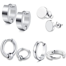 Set of 4 Pairs, 8 Earrings, Men's, Women's, Hoop Ring, Stud Earrings, Stainless Steel, Silver