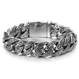 Mens Fancy Vintage Stainless Steel Tribal Tattoo Pattern Curb Chain Bracelet with Spring Box Clasp(CA)