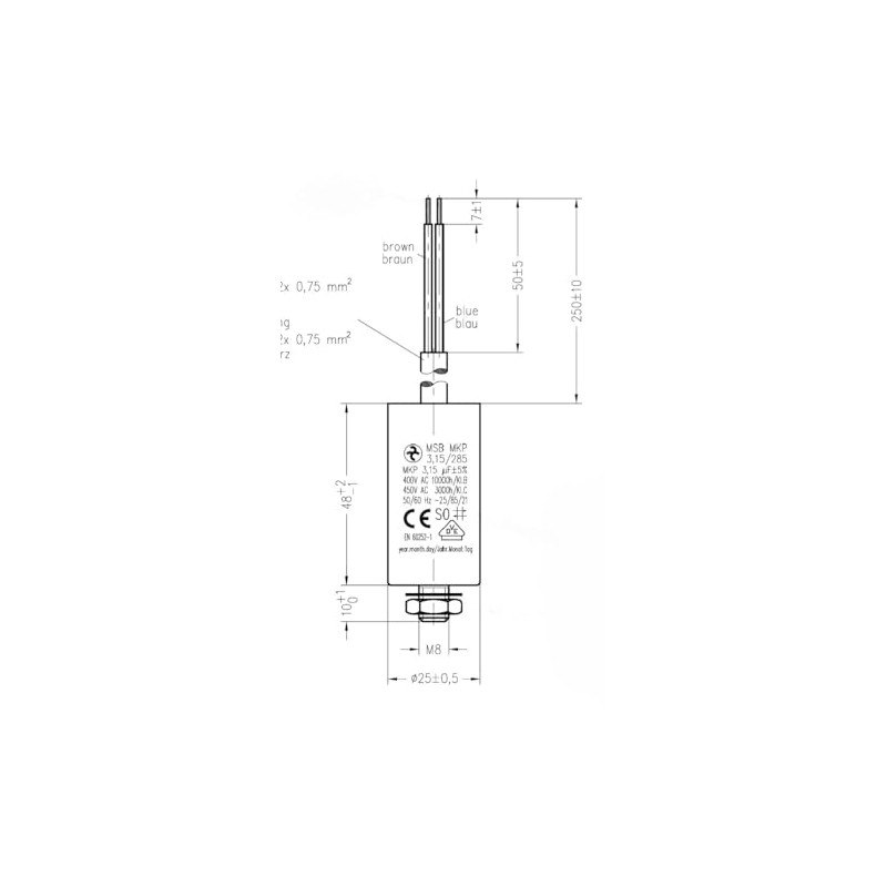 Permanent Capacitor 3.15µF 450V AC Cable 250 mm Attachment M8