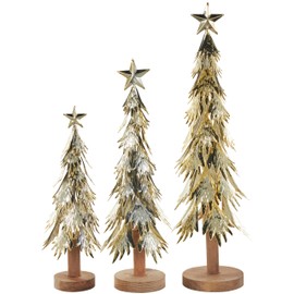 Deco 79 Metal Tree Decorative Sculpture Holiday Layered Branch Christmas Home Decor Statues with Wooden Base and Star Topper, Set of 3 Accent Figurines 21", 17", 14"H, Gold
