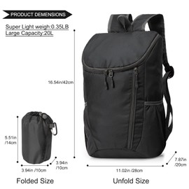 Packable Hiking Daypack,Water Resistant Hiking Backpack Ultra-light Foldable Backpack for Travel Camping and Outdoor Sport,20L Black