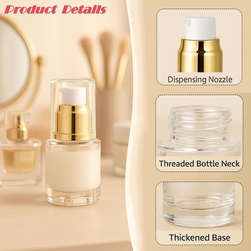 6Packs 20ml Clear Glass Lotion Pump Bottles Refillable Travel Cosmetic