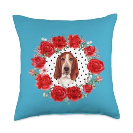 Pioneer Country Farm Watercolor Basset Hound with Red Roses Throw Pillow
