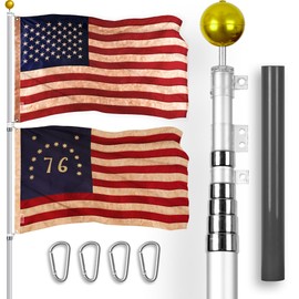 G128 Combo Pack: 20 Ft Telescoping Aluminum Flagpole (Silver) & American and Bennington Tea Stained Flags 3x5 Ft, Both ToughWeave Series Embroidered Polyester | Pole with Flags Included