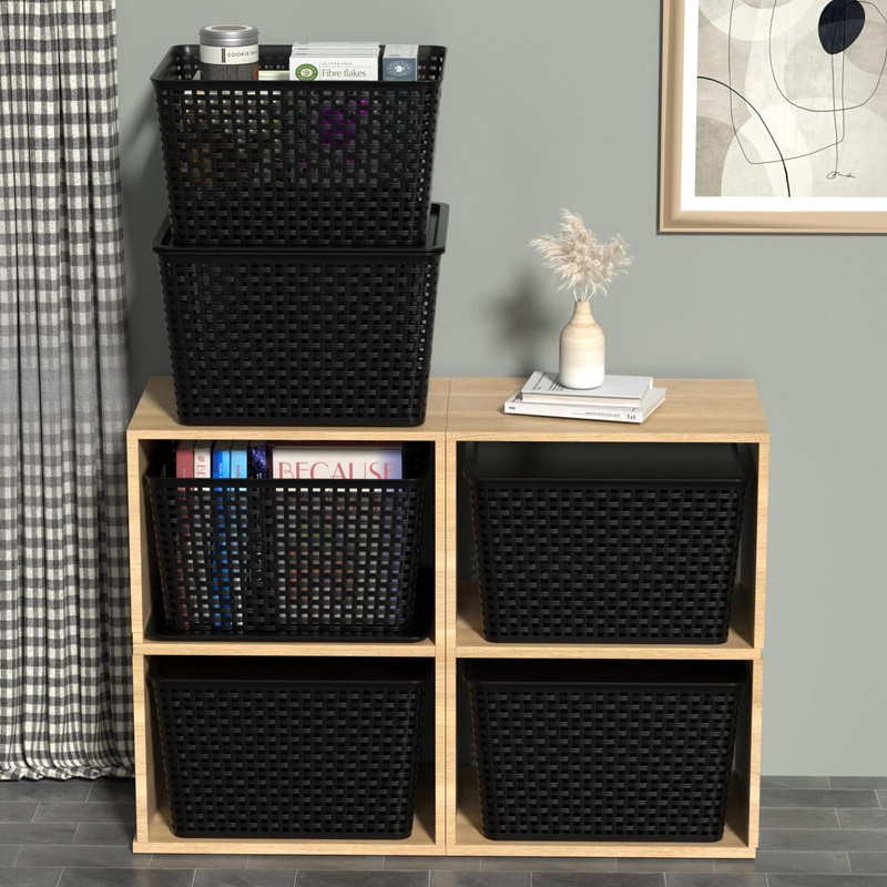 Morcte 6-Pack Black Stackable Plastic Storage Baskets with Lids