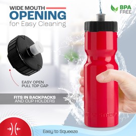 50 Strong Sports Water Bottles 6-Pack – Reusable 22 oz BPA-Free Plastic Bottles with Pull Top Cap – Made in USA – Top Rack Dishwasher Safe – Fits Most Bike Cages Brand - Red