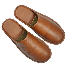 Hwayslon Leather Slippers Men's Women's Leather Room Shoes Natural Cowhide Luxury Solid Color Unisex