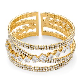 WOWORAMA MultiLayer Crystal Cuff Bracelet for Women Brides Wide Chunky Gold Bangle Bracelet Adjustable Rhinestone Wedding Bracelet for Party Prom