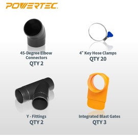 POWERTEC 4" x 20' Dust Collection Hose with Cone Reducer and Fittings Kit for Table Saw, Band Saw, Planer, Jointer, Woodworking and Wood Shop Dust Collection System (70430)