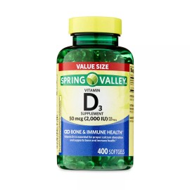 Spring Valley Vitamin D3 Supplement Softgels, 50 mcg (2,000 IU), 400 Count
