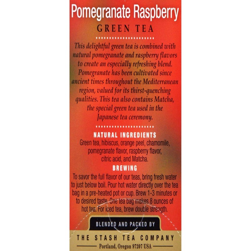 Stash Tea Pomegranate Raspberry Green Tea, 18 Count Tea Bags