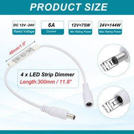 MECCANIXITY LED Strip Dimmer, 12V to 24V 6A Mini Brightness Adjustable Controller Lamp Switch with DC Plugs for Single Color Strips, White Pack of 4