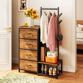 KKL Small Dresser for Bedroom with Clothes Hanging Rack, Reversible Bedroom Dresser with Shoe Rack & 4 Fabric Drawers, 3-in-1 Storage Chest of Drawers with Storage Shelves & Tree Hooks, Vintage
