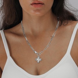 OLYNZO Silver Chunky Cross Necklace for Women Trendy Statement Big Cross Pendant Paperclip Chain Charm Necklaces Religious Faith Easter Basket Stuffers Baptism Costume Jewelry Gift