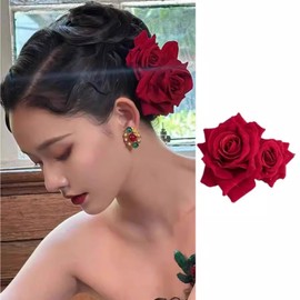 Red Rose Hair Clip, Flower Hair Clips for Women, Bohemia Floral Hairpin Bride Hair Decor for Wedding Prom Party Mexican Costume, Hair Flowers Accessories (red)
